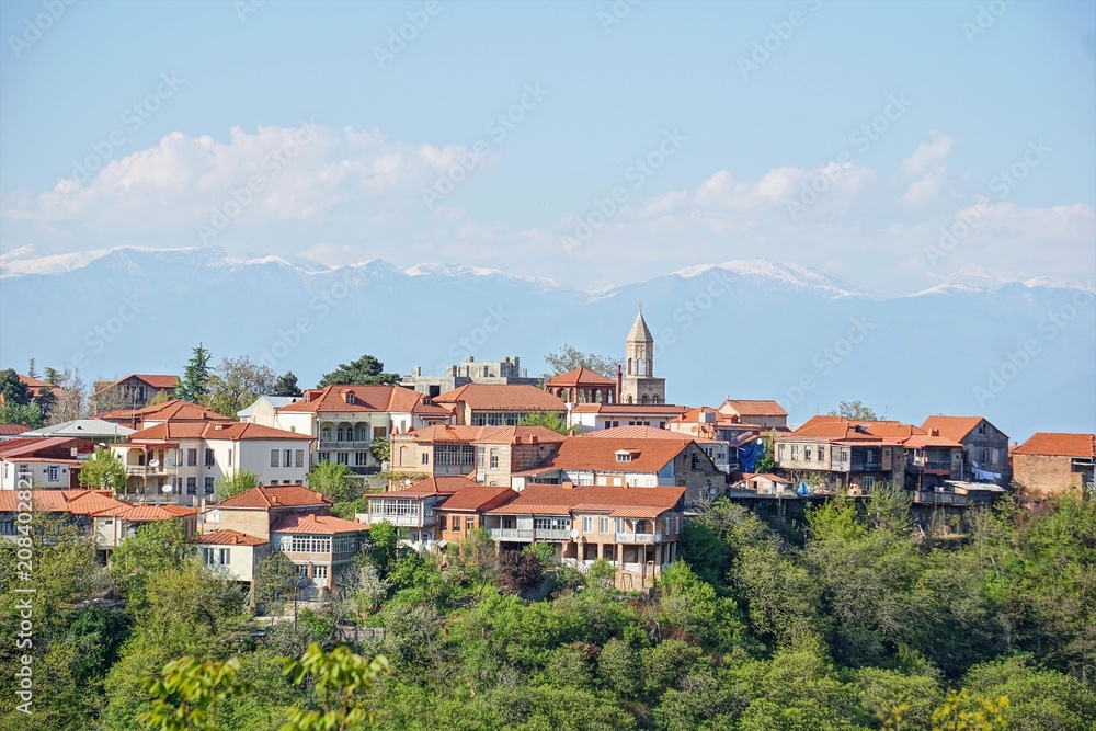 Horizontal image of Signagi town with Caucasus Mountains on the background, Kakheti, Georgia (Europe), Caucasus