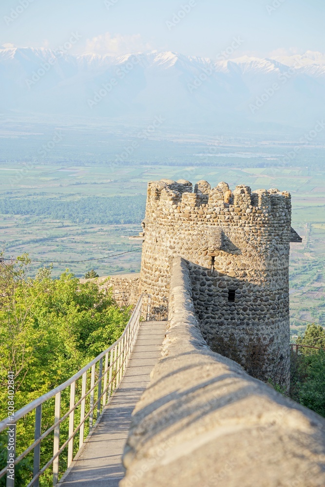 Vertical image of fortress wall in Signagi with Alazani Valley on the background, Kakheti, Georgia (Europe), Caucasus