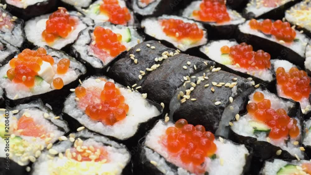 4k Rotation Japanese Rolls With Red Caviar 4k Rotation Japanese Rolls With Red Caviar