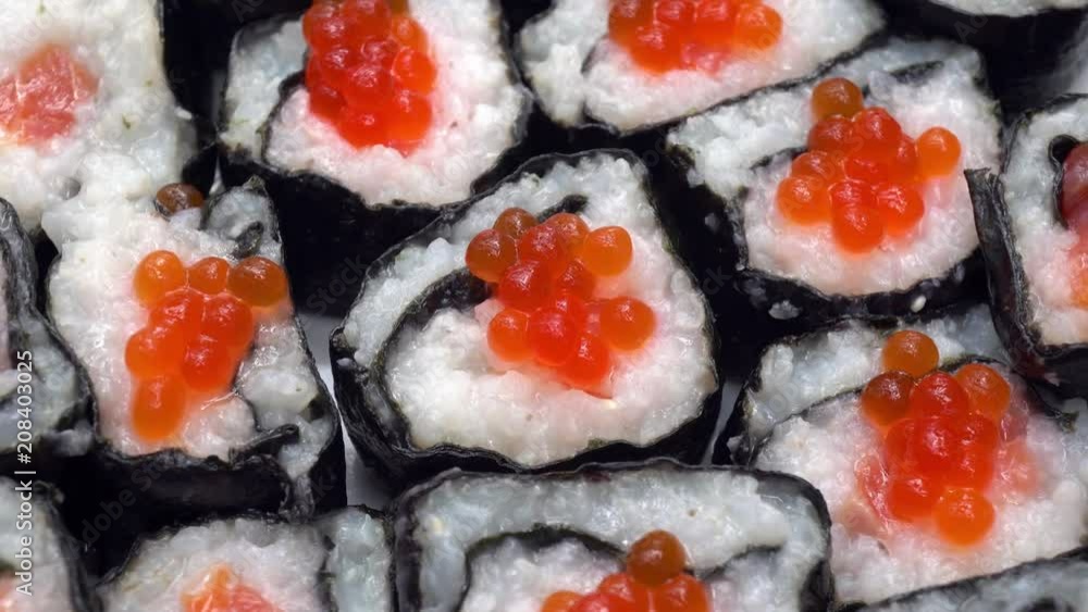 4k Rotation Japanese Rolls With Red Caviar 4k Rotation Japanese Rolls With Red Caviar