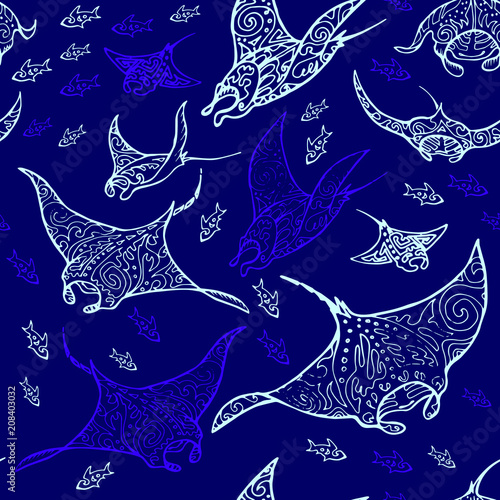 Manta ray and fish in the sea depth, seamless vector pattern