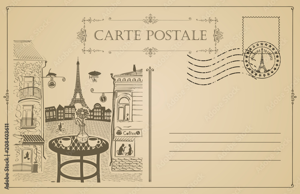 Retro postcard with Parisian street cafe with views of the Eiffel Tower and old buildings in Paris, France. Romantic vector card in vintage style with a rubber stamp