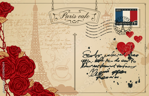 Retro postcard with Eiffel tower in Paris, France. Romantic vector postcard in vintage style with red hearts and roses, rubber stamp and words Paris cafe on the background of old manuscript with spots