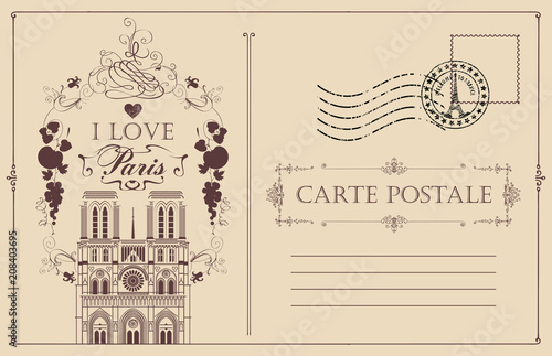 Retro postcard with famous Cathedral of Notre Dame de Paris, France. Vector postcard in vintage style with french landmark, vignette, rubber stamp and words I love Paris