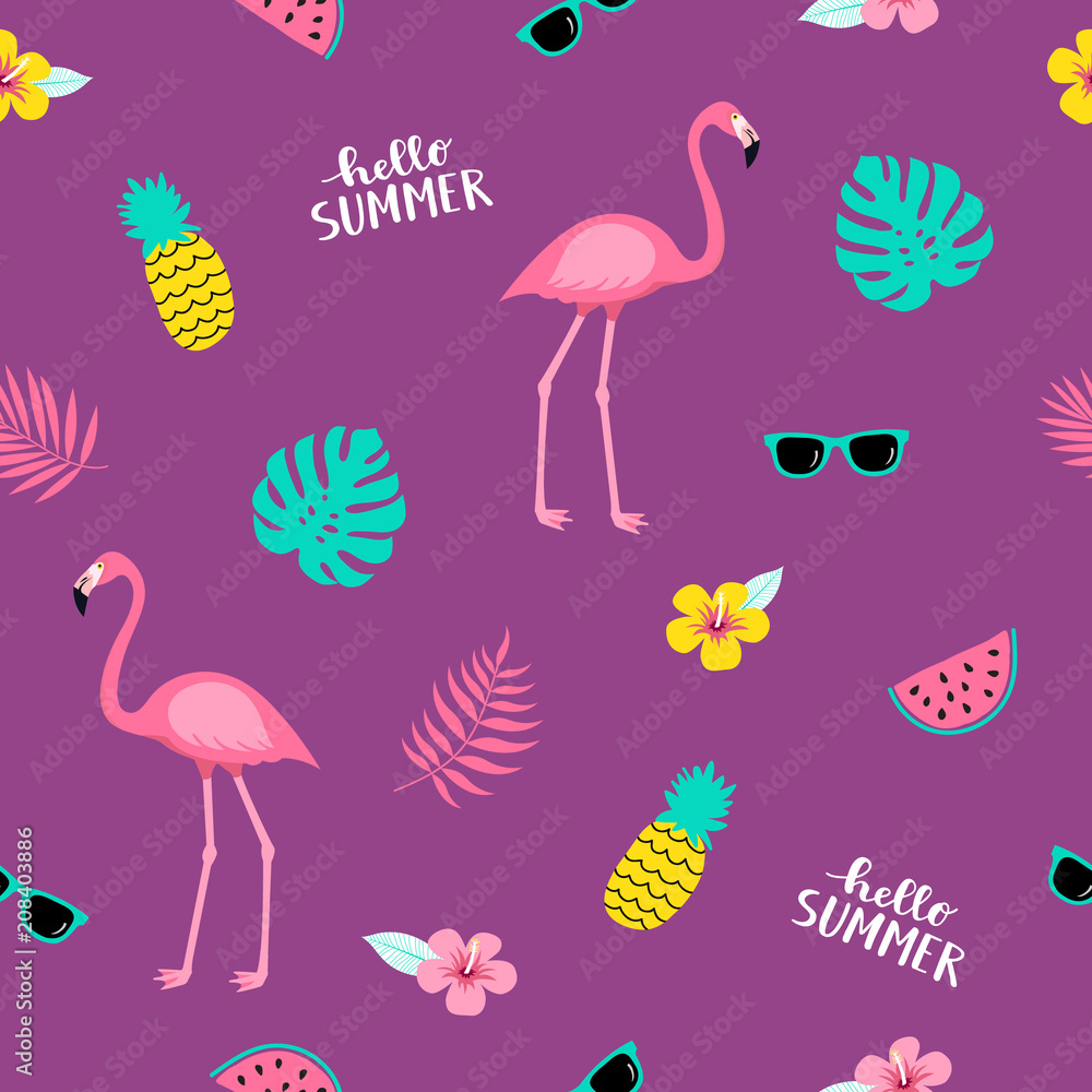 Summer seamless cute colorful pattern with flamingo, pineapple, tropical leaves, watermelon, flowers, sunglasses on violet background. Vector illustration Summer seamless cute colorful pattern with flamingo, pineapple, tropical leaves, watermelon, flowers, sunglasses on violet background. Vector illustration