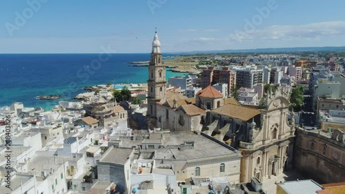 Old Church in Monopoly and blue sea coastline in Italy Drone flight 4k
