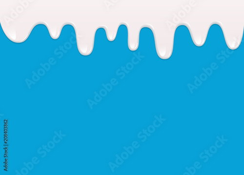 Liquid drips of white yogurt, milk, cream, paint etc flowing down on blue background. Vector illustration of milky flow drops