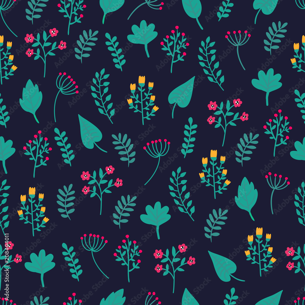 Fototapeta premium Cute hand drawn floral colorful seamless pattern of flowers and plants on black background. Perfect for scrapbooking, wrapping paper, textile etc. Ditsy print. Vector illustration