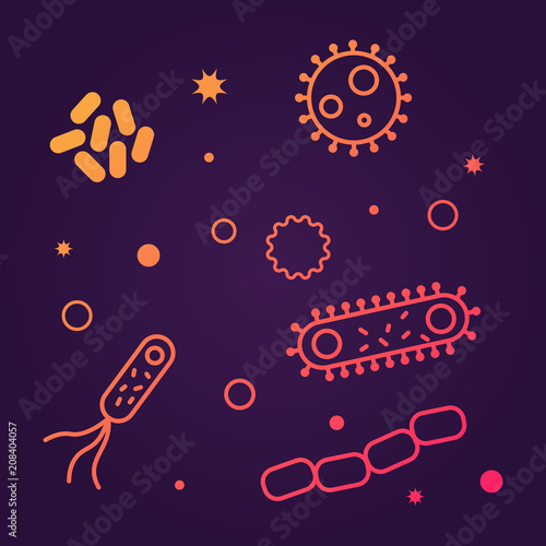 Bacterias and viruses icons. Vector illustration on dark background