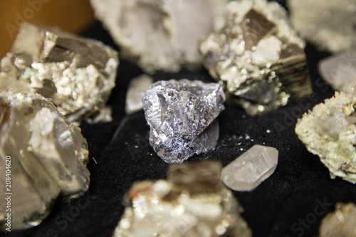 Gold ore raw minerals crystalls of quartz pyrite galenite photo
