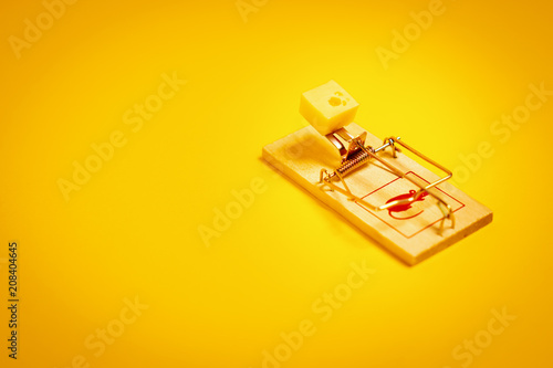 фотографія minimalistic yellow background with a mousetrap and a piece of tasty cheese