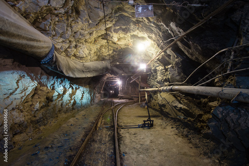 Underground glod ore mine shaft tunnel gallery with timber and light
