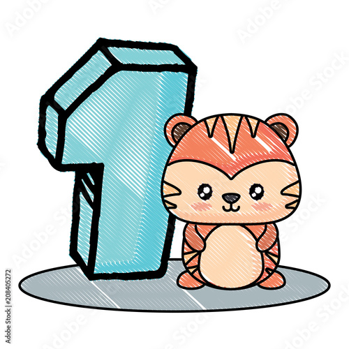 cute tiger with number one icon over white background, vector illustration