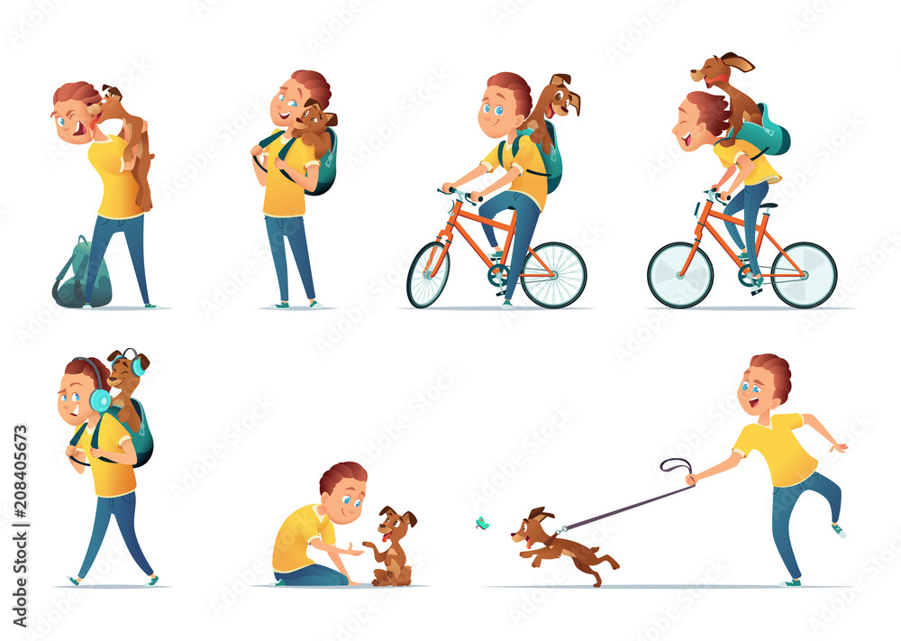 Funny situations of a boy and a dog. Kid and  puppy in different comical poses.