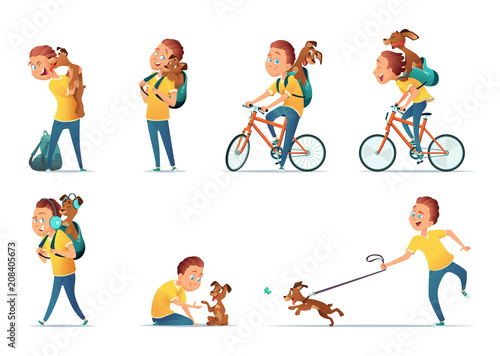 Funny situations of a boy and a dog. Kid and  puppy in different comical poses.