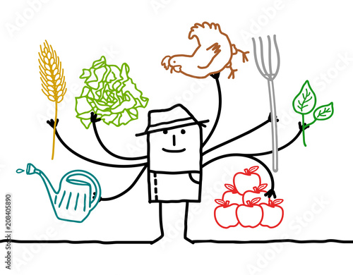 Multitasking Cartoon Farmer with many Arms