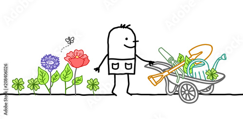 Cartoon Gardener  with Wheelbarrow, Flowers and Tools