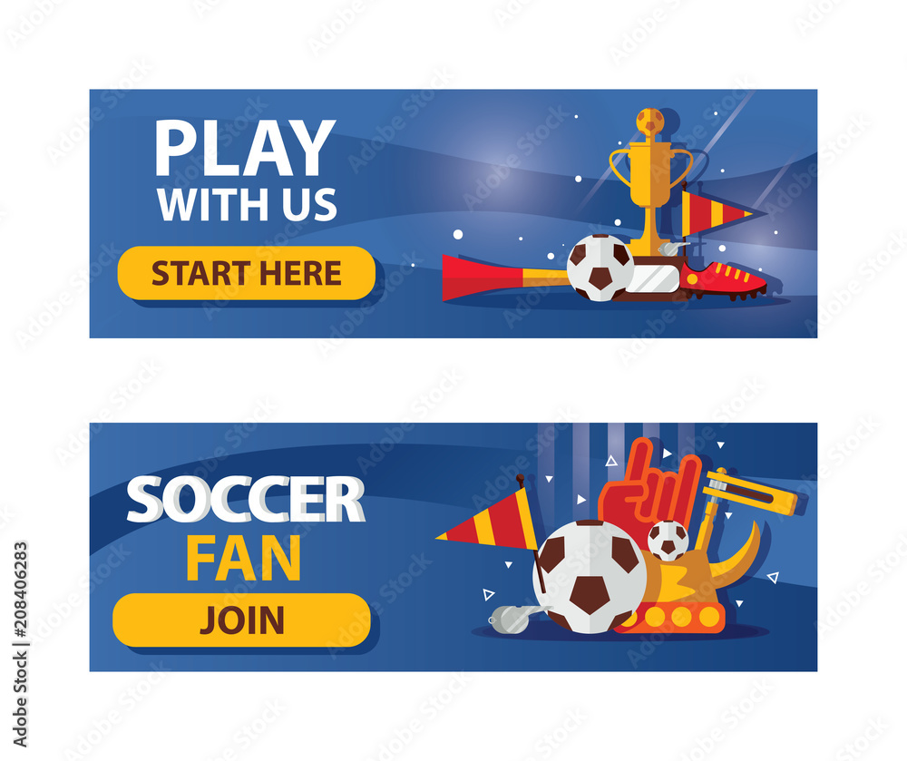 Vector set of football horizontal banners on blue background. Soccer ball, boots, flags and fan accessories. Banners about love to football game