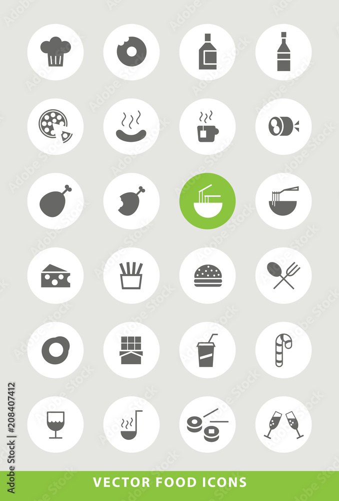 Set of Elegant Universal Black Food Minimalistic Solid Icons on Circular Colored Buttons on Grey Background Set of Elegant Universal Black Food Minimalistic Solid Icons on Circular Colored Buttons on Grey Background