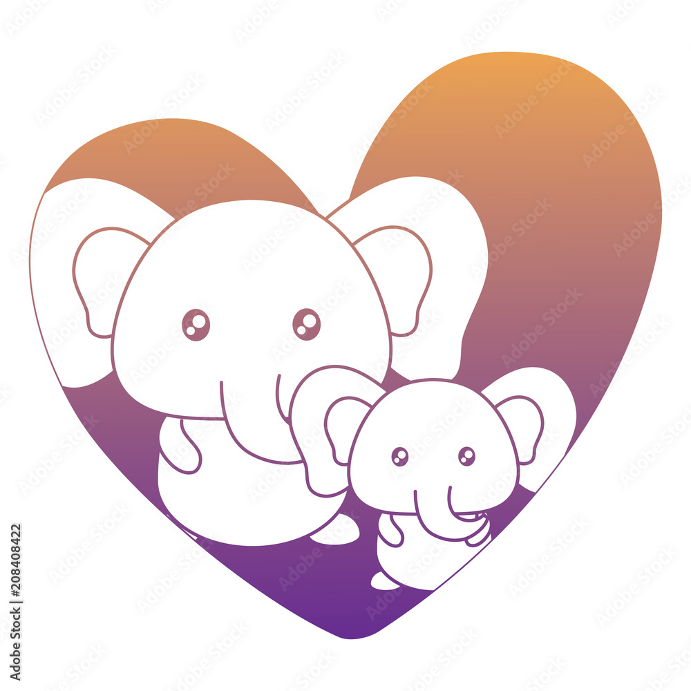 heart with cute elephants over white background, vector illustration