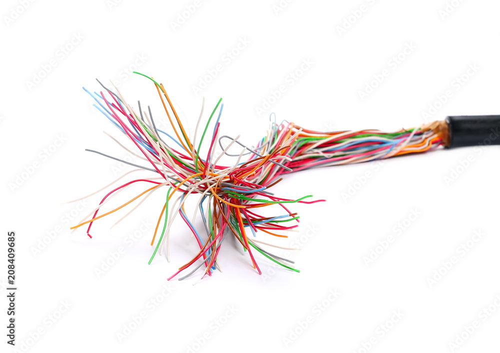 colored network wires isolated on white, telecommunication cabal 