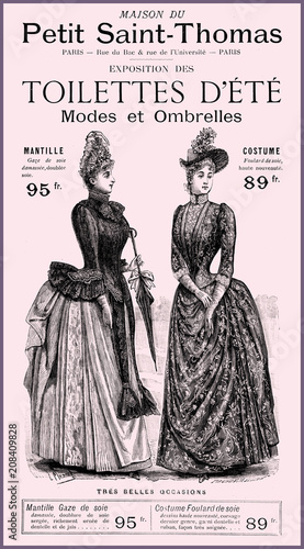 Summer ladies fashion advertising page on "La vie Parisienne" French satirical magazine, year 1888