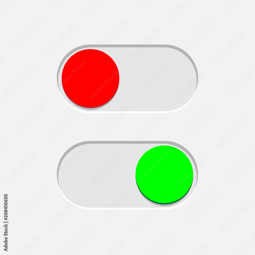 Green On and red Off toggle switch buttons isolated on gray background. Vector design element. Green On and red Off toggle switch buttons isolated on gray background. Vector design element.