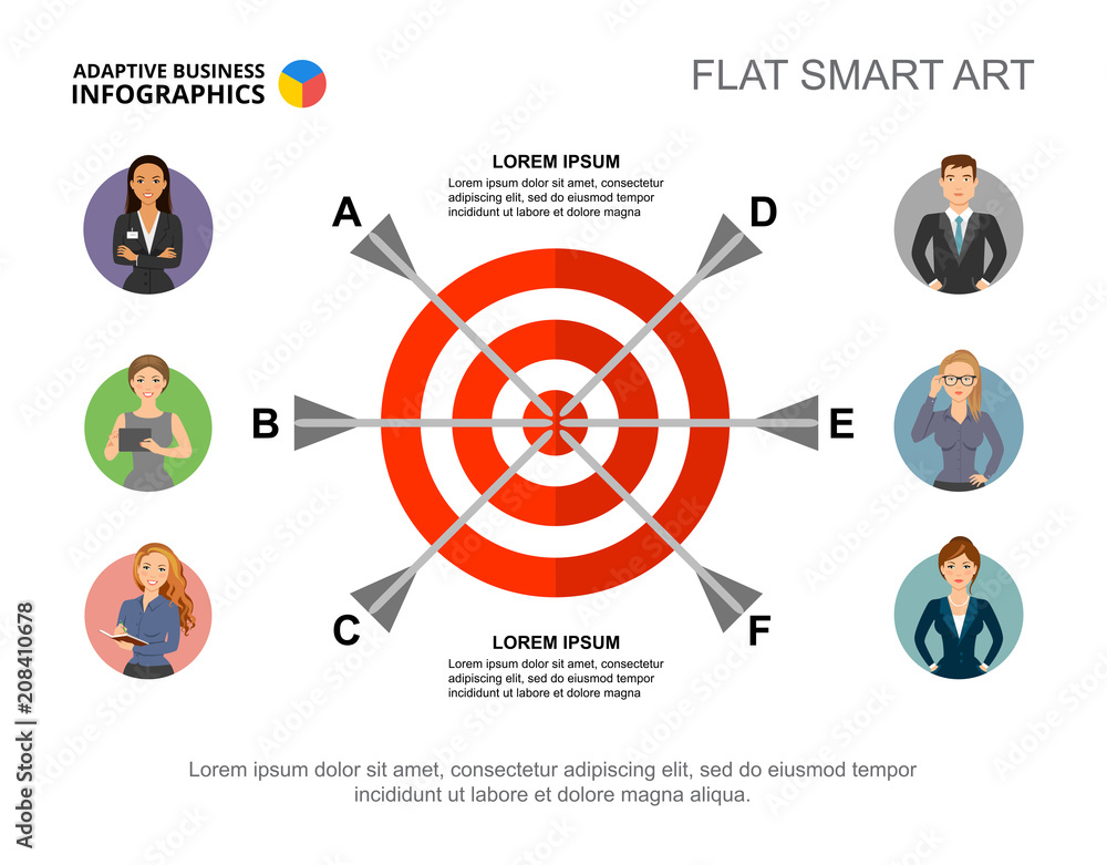 Six arrows in target process chart template for presentation. Business  data. Abstract elements of diagram, graphic. Aim, finance, teamwork or  marketing creative concept for infographic. Stock-Vektorgrafik | Adobe Stock