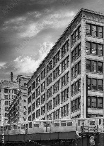 Black and white picture of downtown Chicago, USA.