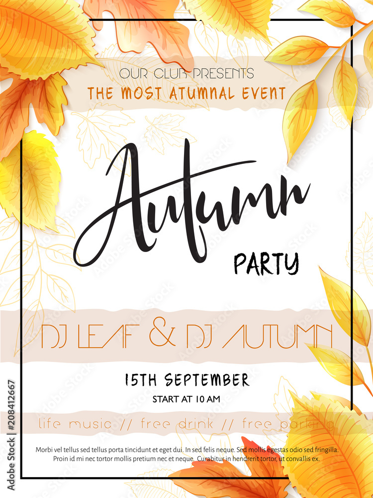 Naklejka premium Vector autumn party poster with hand drawn lettering, yellow autumn leaves, doodle branches