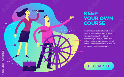 Business infographics, business situations. A man and a woman are at helm. Team work, employees go to goal in a single way, course forward to success. To see future. To achieve goal, career.