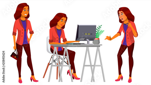 Office Worker Vector. Woman. Professional Officer, Clerk. Adult Business Female. Arab, Saudi Lady Face Emotions, Various Gestures. Isolated Cartoon Illustration