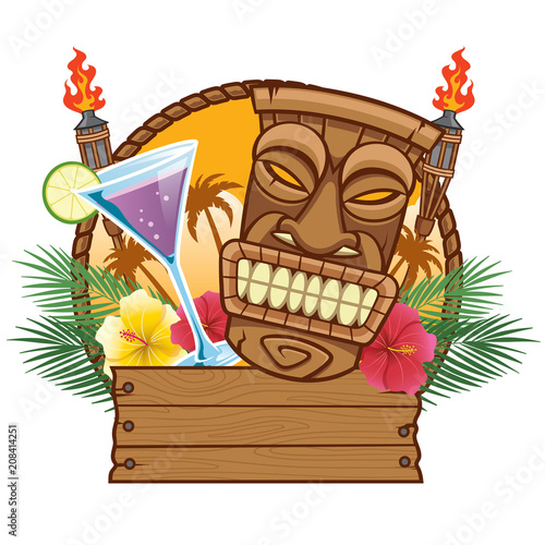 tiki mask with blank wood sign