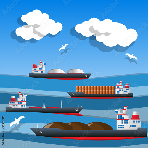 Cargo ships in the sea. Side view. Vector illustration.