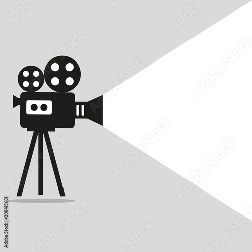 Retro movie projector poster. Video camera on a tripod on a gray background