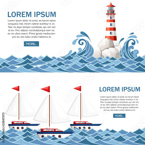 Stormy sea with lighthouse on rock stones island. Small ships on water. Nature or marine design. Flat style. Vector illustration with sky and clouds background