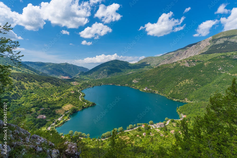 Lake Scanno (L'Aquila, Italy) - When nature is romantic: the heart - shaped lake on the Apennines mountains, in Abruzzo region, central Italy - obrazy, fototapety, plakaty 