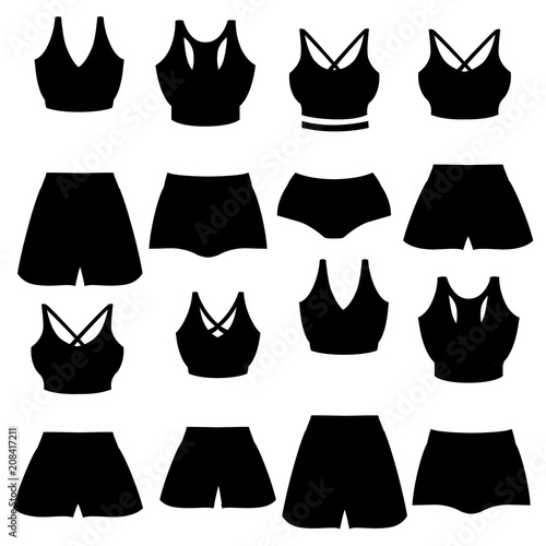 Black silhouette. Set of black women sport bra and shorts. Women sport clothes collection. Training top. Flat vector illustration isolated on white background