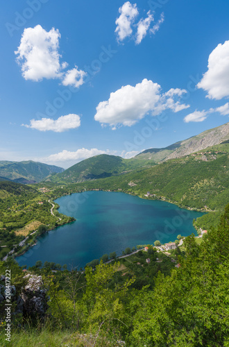 Lake Scanno  L Aquila  Italy  - When nature is romantic  the heart - shaped lake on the Apennines mountains  in Abruzzo region  central Italy