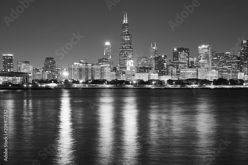 Black and white Chicago waterfront panorama at night, USA.