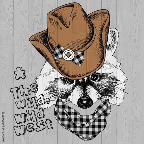 Portrait of a raccoon in cowboy hat and checkered cravat. Vector illustration.
