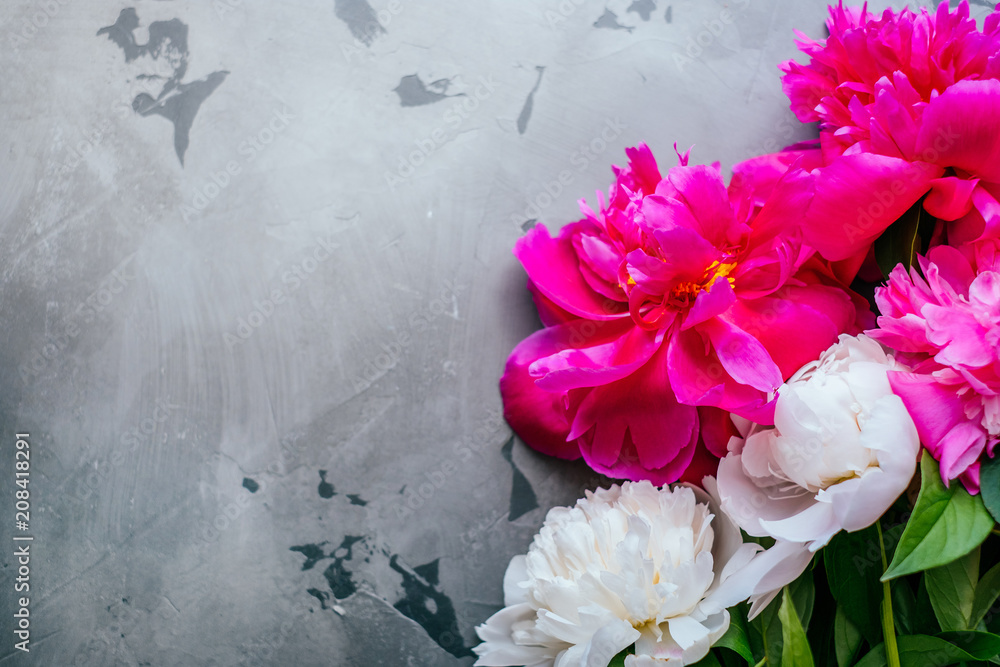 Beautiful fuchsia and white peony flower bouquet on the grey concrete background. Closeup, flatlay style. Beautiful fuchsia and white peony flower bouquet on the grey concrete background. Closeup, flatlay style.