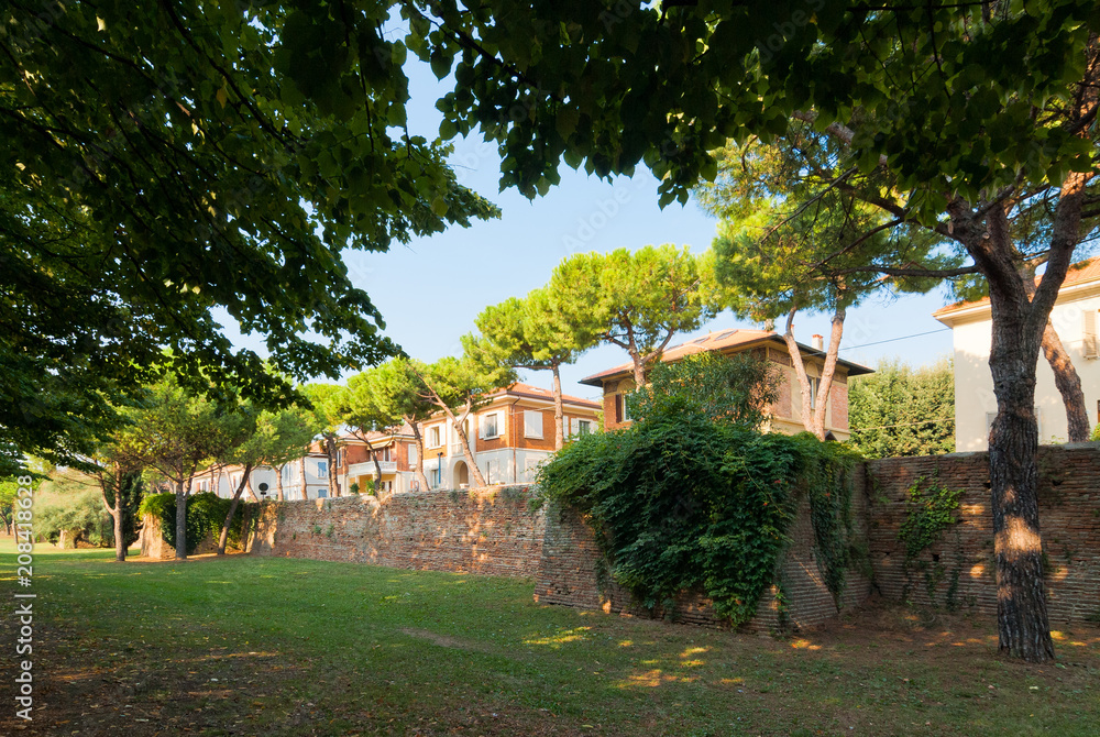 Ancient Roman fortress wall in Rimini, Emilia-Romagna, Italy