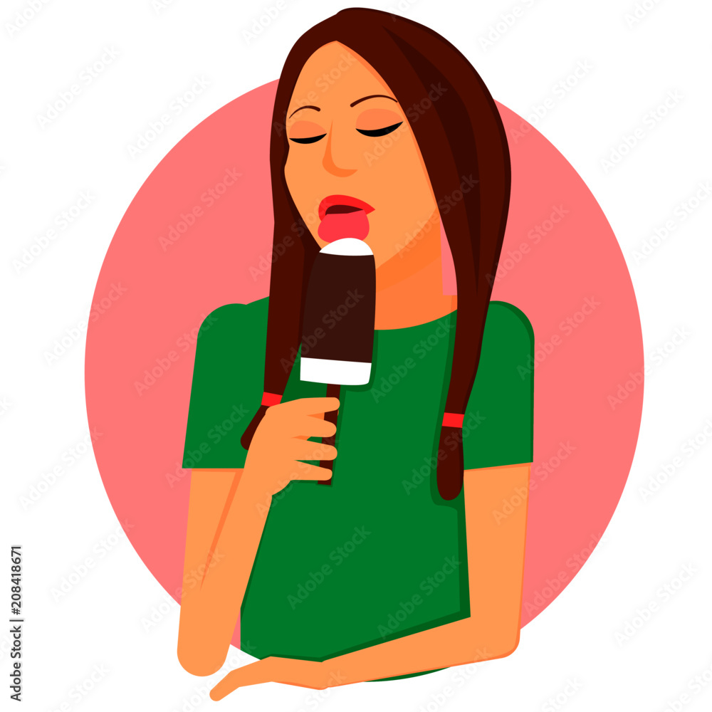 The girl licks ice cream on a stick. Vector illustration in the style of flat. The girl licks ice cream on a stick. Vector illustration in the style of flat.