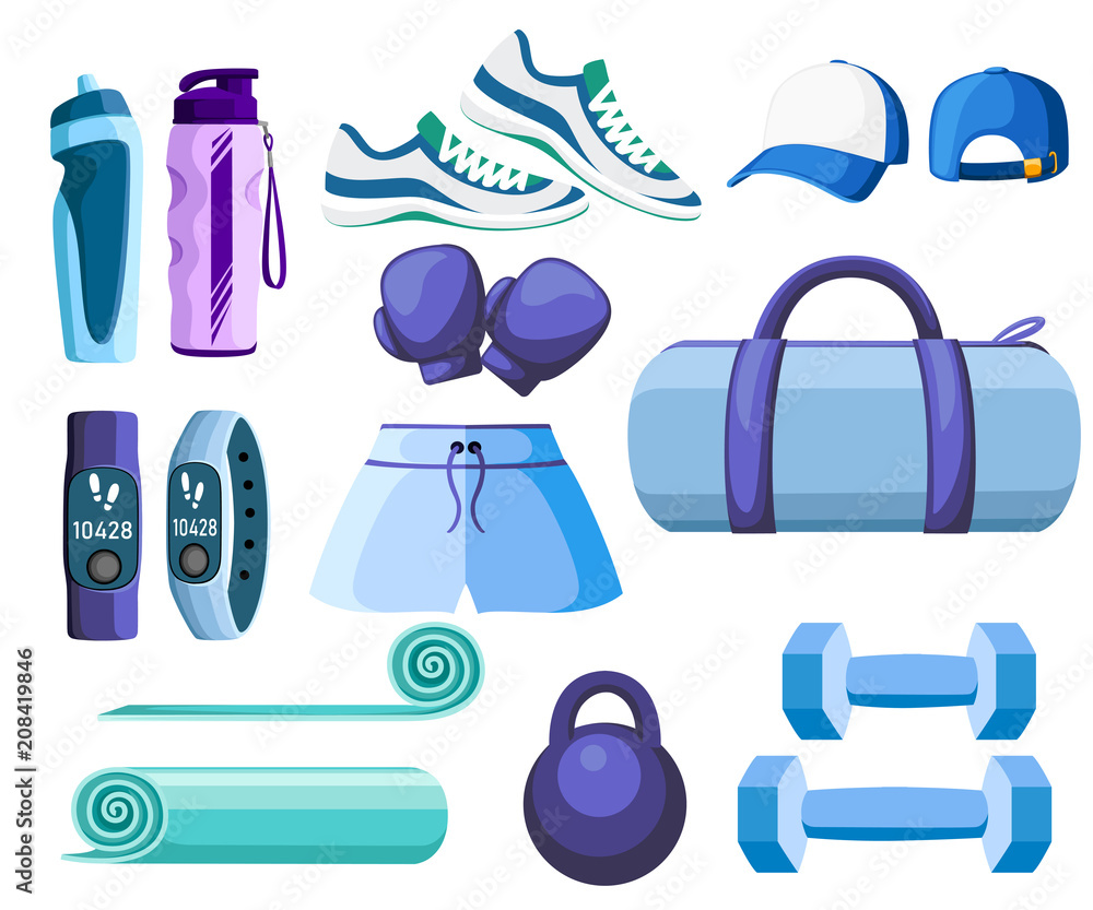 Set of sports accessories and clothes. Blue and purple color collection. Icons for classes in the gym. Vector illustration isolated on white background