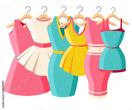 Set of colorful dresses and sundresses. Collection of women summer dresses. Clothes on hangers. Vector illustration isolated on white background