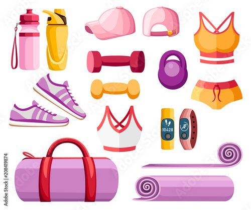 Set of sports accessories and clothes. Women outfits. Orange and pink color collection. Icons for classes in the gym. Vector illustration isolated on white background
