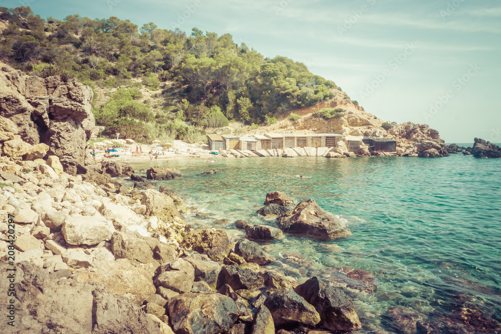 Island scenery, seascape Ibiza Spain, beautiful panorama of Mediterranean Sea coastline