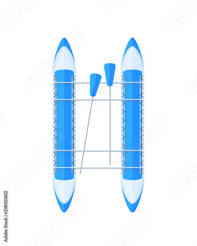 Rubber boat canoe with oars. Water transport, fishing boat, hobbies.