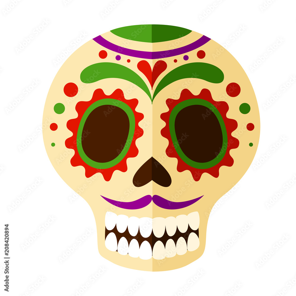Colorful Mexican skull mask. Day of The Dead skull, cartoon style